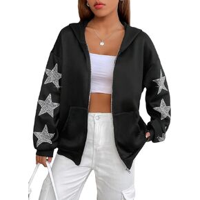 WDIRARA Women's Rhinestone Star Zip Up Hoodie Drop Shoulder Long Sleeve Sweatshirt with Pocket