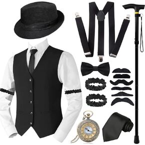 1920s Mens Costume Accessories Set for Adult, Roaring Retro 20s Gatsby Gangster Costume Outfit with Vest Fedora Hat Crutch