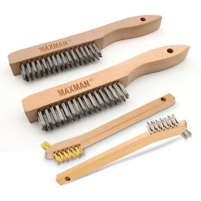 MAXMAN Wire Brush Set 4Pcs, Brass/Stainless Steel Bristles with Curved Beech Handle for Cleaning Rust, Paint Removal,Metal Parts Dirt Scrubbing, 2Pcs 10" Larger+2Pcs 2Pcs 7" Small Brushes
