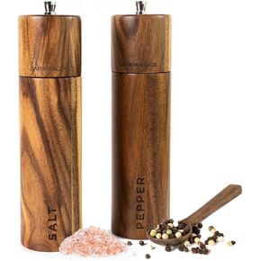 Saffron & Sage Premium Acacia Wood Salt and Pepper Grinder Set of 2-8" Tall Salt and Peppercorn Mill with Adjustable Coarse Settings, Rust Resistant, Smooth and Quality Grinding Mechanism
