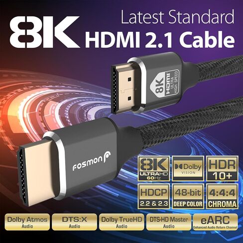 Fosmon HDMI 2.1 Cable 8K@60Hz 10ft, Premium Certified in-Wall CL3 Rated, 48Gbps Ultra High Speed, 4K@120Hz, Dynamic HDR, HDCP 2.3, 3D, eARC, 30AWG Cotton Braided Compatible with UHD TV Monitor & More in Saudi Arabia
