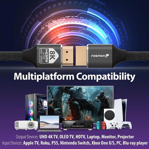 Fosmon HDMI 2.1 Cable 8K@60Hz 10ft, Premium Certified in-Wall CL3 Rated, 48Gbps Ultra High Speed, 4K@120Hz, Dynamic HDR, HDCP 2.3, 3D, eARC, 30AWG Cotton Braided Compatible with UHD TV Monitor & More in Saudi Arabia