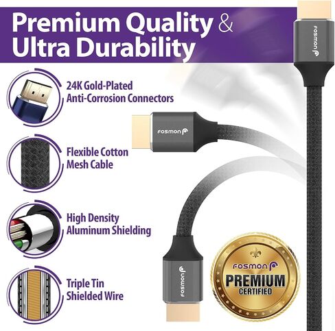 Fosmon HDMI 2.1 Cable 8K@60Hz 10ft, Premium Certified in-Wall CL3 Rated, 48Gbps Ultra High Speed, 4K@120Hz, Dynamic HDR, HDCP 2.3, 3D, eARC, 30AWG Cotton Braided Compatible with UHD TV Monitor & More in Saudi Arabia