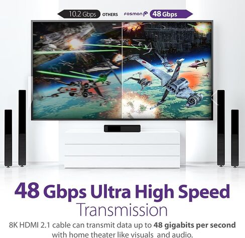 Fosmon HDMI 2.1 Cable 8K@60Hz 10ft, Premium Certified in-Wall CL3 Rated, 48Gbps Ultra High Speed, 4K@120Hz, Dynamic HDR, HDCP 2.3, 3D, eARC, 30AWG Cotton Braided Compatible with UHD TV Monitor & More in Saudi Arabia
