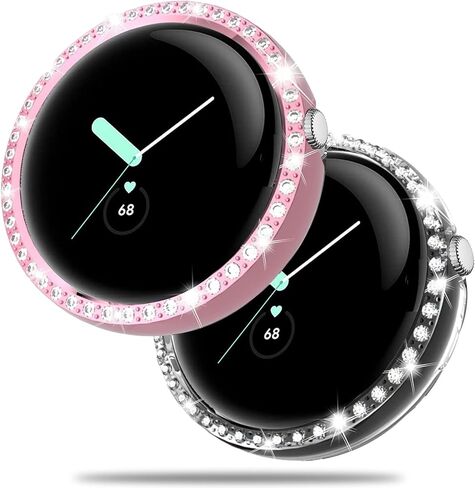 Miimall (2 Pack) Compatible for Google Pixel Watch Case Bling, Crystal Diamond Rhinestone Frame for Women Girl, Ultra-Thin Hard PC Protective Cover Case for Google Pixel Watch(Transparent + Pink) in Saudi Arabia