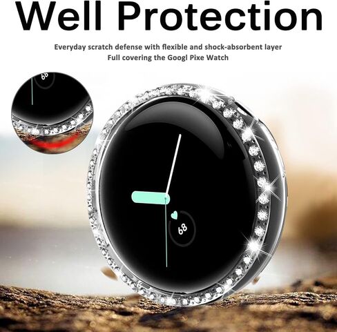 Miimall (2 Pack) Compatible for Google Pixel Watch Case Bling, Crystal Diamond Rhinestone Frame for Women Girl, Ultra-Thin Hard PC Protective Cover Case for Google Pixel Watch(Transparent + Pink) in Saudi Arabia