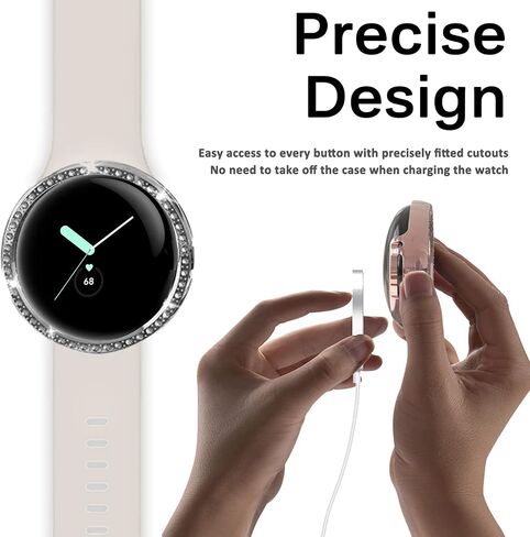 Miimall (2 Pack) Compatible for Google Pixel Watch Case Bling, Crystal Diamond Rhinestone Frame for Women Girl, Ultra-Thin Hard PC Protective Cover Case for Google Pixel Watch(Transparent + Pink) in Saudi Arabia