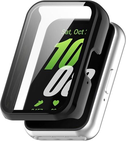 حافظة تغطية كاملة مع واقي شاشة متوافق مع هاتف Samsung Galaxy Fit3 (SM-R390)، والكمبيوتر الشخصي وغطاء حماية من الزجاج الحقيقي وملحقات الساعة (PC/أسود) in Saudi Arabia