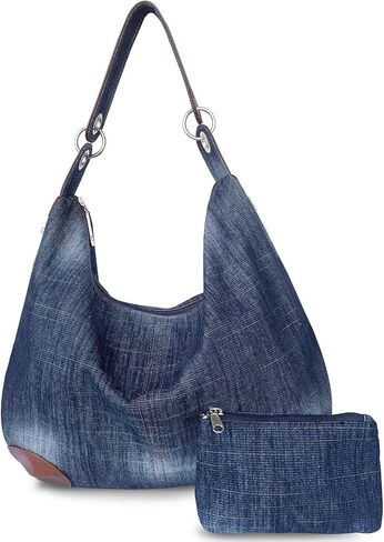 Denim Handbags for Women Jean Purse with Multiple Pockets Denim Blue Pocketbooks Tote Hobos Crossbody Bags in Saudi Arabia
