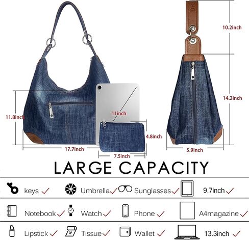 Denim Handbags for Women Jean Purse with Multiple Pockets Denim Blue Pocketbooks Tote Hobos Crossbody Bags in Saudi Arabia