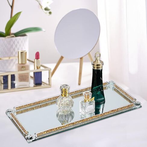 Topsky Mirror Perfume Tray,Crystal Glass Vanity Tray,Jewelry Trays,Crushed Diamond Filled Crystal Glass Tray,Cosmetic Makeup Vanity Tray,Glass Decorative Trays for Home Decor,Party,Banquet,Gold in Saudi Arabia