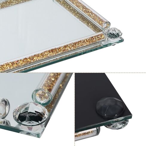 Topsky Mirror Perfume Tray,Crystal Glass Vanity Tray,Jewelry Trays,Crushed Diamond Filled Crystal Glass Tray,Cosmetic Makeup Vanity Tray,Glass Decorative Trays for Home Decor,Party,Banquet,Gold in Saudi Arabia