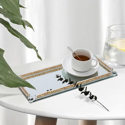 Topsky Mirror Perfume Tray,Crystal Glass Vanity Tray,Jewelry Trays,Crushed Diamond Filled Crystal Glass Tray,Cosmetic Makeup Vanity Tray,Glass Decorative Trays for Home Decor,Party,Banquet,Gold in Saudi Arabia