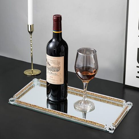 صينية العطور Topsky Mirror، صينية الغرور الزجاجية الكريستالية، صواني المجوهرات، صينية زجاجية كريستالية مملوءة بالألماس المسحوق، صينية تزيين مستحضرات التجميل، صواني زجاجية مزخرفة لديكور المنزل، الحفلات، الولائم، ذهبي in Kuwait