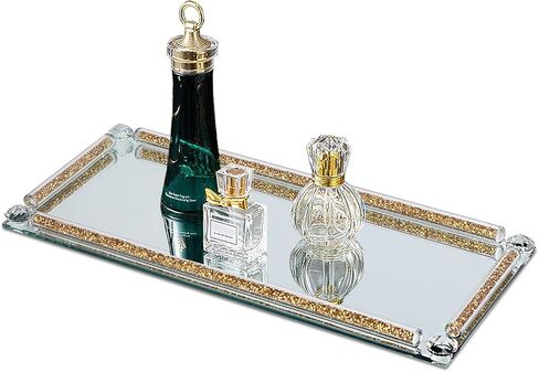 Topsky Mirror Perfume Tray,Crystal Glass Vanity Tray,Jewelry Trays,Crushed Diamond Filled Crystal Glass Tray,Cosmetic Makeup Vanity Tray,Glass Decorative Trays for Home Decor,Party,Banquet,Gold in Saudi Arabia