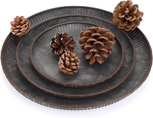 Hipiwe 3PCS Industrial Metal Iron Tray Round Galvanized Serving Tray Rustic Farmhouse Style Home Decorative Tray for Weddings Parties Coffee Table Centerpiece (9.6" + 7.7" + 6.1 ") in Saudi Arabia