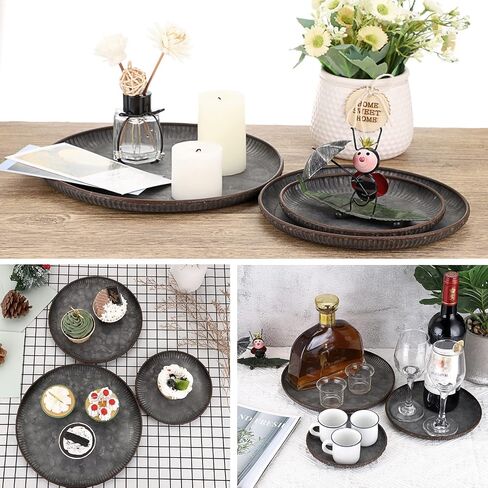 Hipiwe 3PCS Industrial Metal Iron Tray Round Galvanized Serving Tray Rustic Farmhouse Style Home Decorative Tray for Weddings Parties Coffee Table Centerpiece (9.6" + 7.7" + 6.1 ") in Saudi Arabia