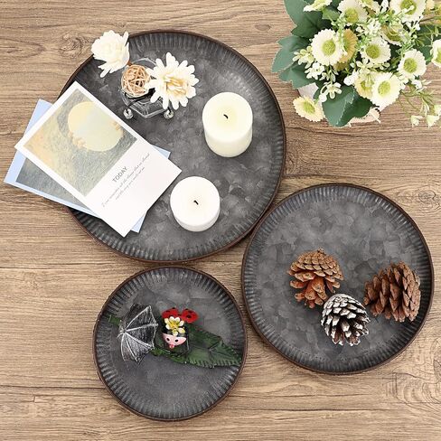 Hipiwe 3PCS Industrial Metal Iron Tray Round Galvanized Serving Tray Rustic Farmhouse Style Home Decorative Tray for Weddings Parties Coffee Table Centerpiece (9.6" + 7.7" + 6.1 ") in Saudi Arabia