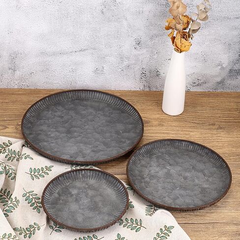 Hipiwe 3PCS Industrial Metal Iron Tray Round Galvanized Serving Tray Rustic Farmhouse Style Home Decorative Tray for Weddings Parties Coffee Table Centerpiece (9.6" + 7.7" + 6.1 ") in Saudi Arabia