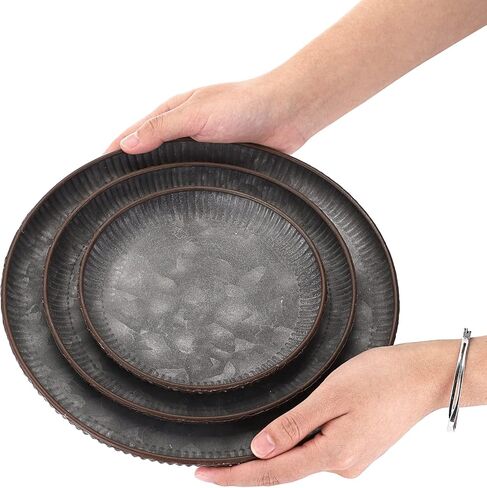 Hipiwe 3PCS Industrial Metal Iron Tray Round Galvanized Serving Tray Rustic Farmhouse Style Home Decorative Tray for Weddings Parties Coffee Table Centerpiece (9.6" + 7.7" + 6.1 ") in Saudi Arabia