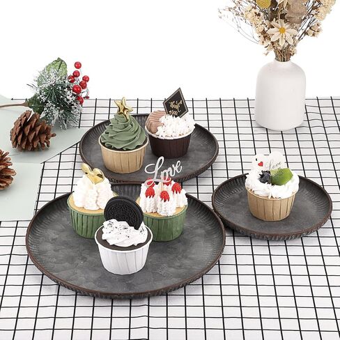 Hipiwe 3PCS Industrial Metal Iron Tray Round Galvanized Serving Tray Rustic Farmhouse Style Home Decorative Tray for Weddings Parties Coffee Table Centerpiece (9.6" + 7.7" + 6.1 ") in Saudi Arabia