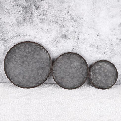 Hipiwe 3PCS Industrial Metal Iron Tray Round Galvanized Serving Tray Rustic Farmhouse Style Home Decorative Tray for Weddings Parties Coffee Table Centerpiece (9.6" + 7.7" + 6.1 ") in Saudi Arabia