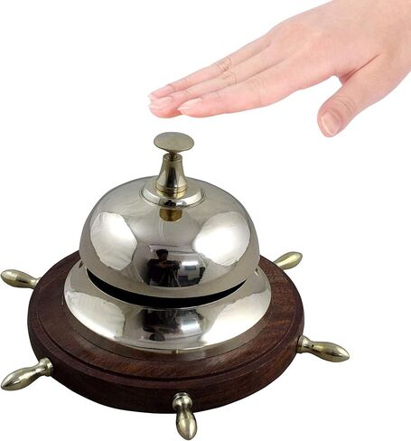 Reception Handmade Vintage Call Bell with Ship Wheel Design Wooden Base, Desk Call Bell, 6.5" inch Diameter, Service Bell for Office, Hotel, Restaurant, Kitchen (Type-2) in Saudi Arabia