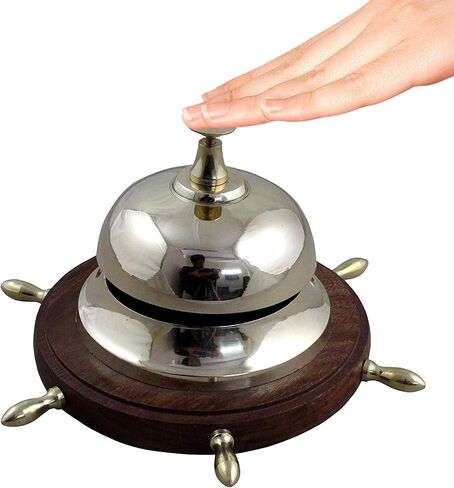 Reception Handmade Vintage Call Bell with Ship Wheel Design Wooden Base, Desk Call Bell, 6.5" inch Diameter, Service Bell for Office, Hotel, Restaurant, Kitchen (Type-2) in Saudi Arabia