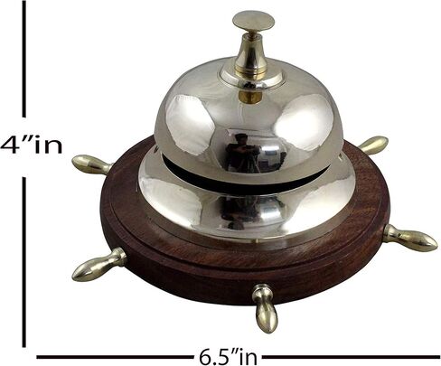 Reception Handmade Vintage Call Bell with Ship Wheel Design Wooden Base, Desk Call Bell, 6.5" inch Diameter, Service Bell for Office, Hotel, Restaurant, Kitchen (Type-2) in Saudi Arabia