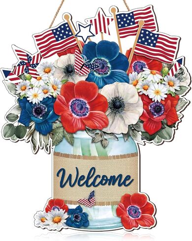 Independence Day Welcome Door Sign Patriotic Door Hanger USA Flag 4th of July Wood Hanging Porch Sign for Farmhouse Porch Front Door Memorial Day Wreath Decor in Saudi Arabia