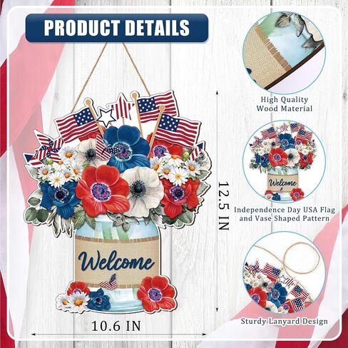 Independence Day Welcome Door Sign Patriotic Door Hanger USA Flag 4th of July Wood Hanging Porch Sign for Farmhouse Porch Front Door Memorial Day Wreath Decor in Saudi Arabia