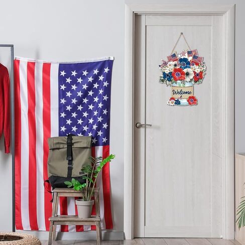 Independence Day Welcome Door Sign Patriotic Door Hanger USA Flag 4th of July Wood Hanging Porch Sign for Farmhouse Porch Front Door Memorial Day Wreath Decor in Saudi Arabia