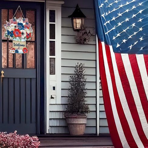 Independence Day Welcome Door Sign Patriotic Door Hanger USA Flag 4th of July Wood Hanging Porch Sign for Farmhouse Porch Front Door Memorial Day Wreath Decor in Saudi Arabia