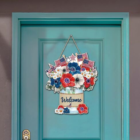 Independence Day Welcome Door Sign Patriotic Door Hanger USA Flag 4th of July Wood Hanging Porch Sign for Farmhouse Porch Front Door Memorial Day Wreath Decor in Saudi Arabia