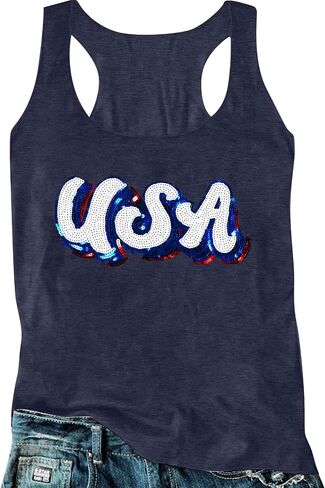 LUKYCILD American Flag Tank Top Women USA Sequin Sleeveless Tee Patriotic Shirt 4th of July Summer Muscle Vest Tops in Saudi Arabia