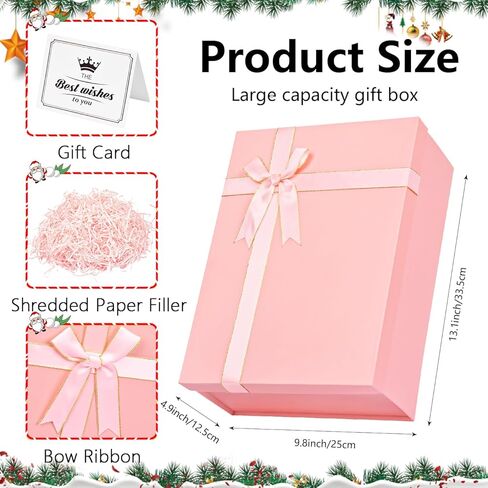 صندوق هدايا كبير مع أغطية، صندوق هدايا وردي مقاس 13.1 × 9.8 × 4.9 بوصة، وصناديق هدايا مع صف شريطي، وحشو للبطاقات والورق الممزق، وصناديق هدايا مستطيلة للهدايا، وأعياد الميلاد، وحفلات الزفاف، وعيد الميلاد in Kuwait