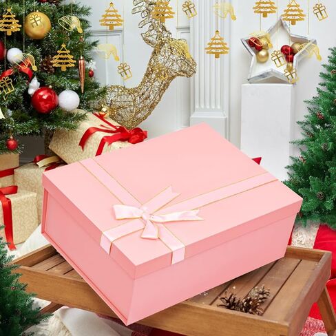 صندوق هدايا كبير مع أغطية، صندوق هدايا وردي مقاس 13.1 × 9.8 × 4.9 بوصة، وصناديق هدايا مع صف شريطي، وحشو للبطاقات والورق الممزق، وصناديق هدايا مستطيلة للهدايا، وأعياد الميلاد، وحفلات الزفاف، وعيد الميلاد in Kuwait