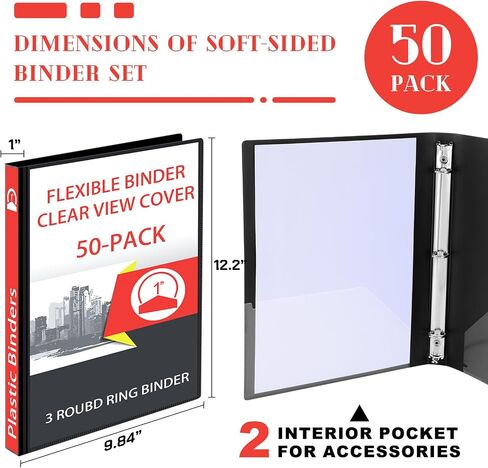 Fulmoon 50 Pcs 1 Inch 3 Ring Binders Bulk with 2 Interior Pockets Round Ring Binders 3 Ring Soft Binder View Binders Holds 175 Sheets Flexible Binder with Clear Cover for Office School (White) in Saudi Arabia