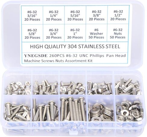 #6-32 UNC Bolts Nuts and Washer Assortment Kit, 260Pcs Phillips Pan Head Screws Bolt Nut Flat Washers 304 Stainless Steel Machine Screws Assortment Kit in Saudi Arabia