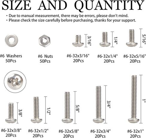 #6-32 UNC Bolts Nuts and Washer Assortment Kit, 260Pcs Phillips Pan Head Screws Bolt Nut Flat Washers 304 Stainless Steel Machine Screws Assortment Kit in Saudi Arabia