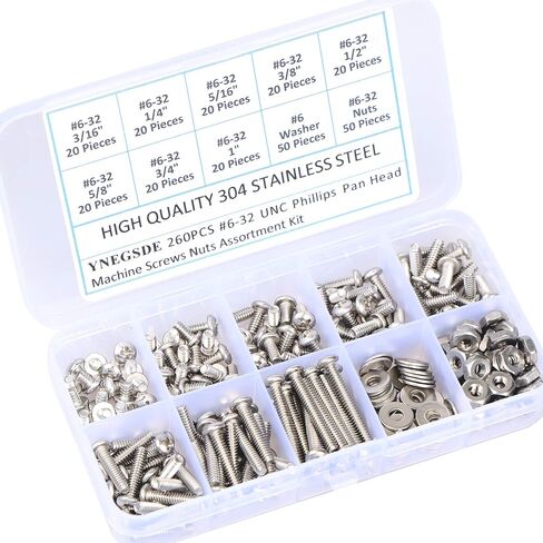 #6-32 UNC Bolts Nuts and Washer Assortment Kit, 260Pcs Phillips Pan Head Screws Bolt Nut Flat Washers 304 Stainless Steel Machine Screws Assortment Kit in Saudi Arabia