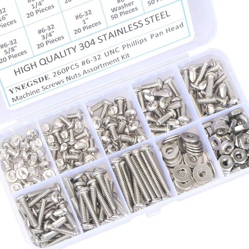 #6-32 UNC Bolts Nuts and Washer Assortment Kit, 260Pcs Phillips Pan Head Screws Bolt Nut Flat Washers 304 Stainless Steel Machine Screws Assortment Kit in Saudi Arabia