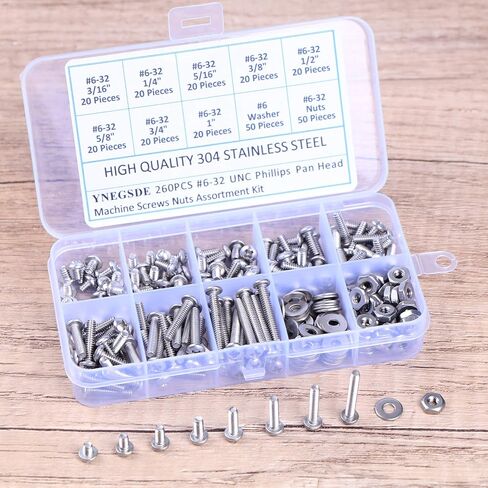 #6-32 UNC Bolts Nuts and Washer Assortment Kit, 260Pcs Phillips Pan Head Screws Bolt Nut Flat Washers 304 Stainless Steel Machine Screws Assortment Kit in Saudi Arabia