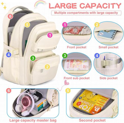 School Backpack for Kids Girls Cute Travel Backapck for College Women Men Casual Laptop Bookbag for Teen Student(Beige) in Kuwait