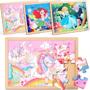 hahaland Puzzles for Kids Ages 4-6 - 3 Pack of 24 Piece Wooden Puzzles for Toddlers 3-5 - Unicorns, Mermaid, Princess - Toys for 3 Year Old Girl Gifts - 4 Year Old Girl Birthday Gifts
