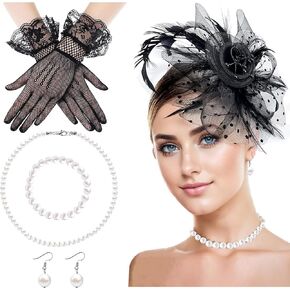 SAISI 5 Pack Black Fascinators Hat for Women Tea Party Fashion Kentucky Derby Hats Headpiece Lace Gloves Pearl Set for 1920s Women Tea Party Accessories