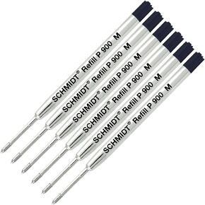 Schmidt P900 Parker Style Ballpoint Pen Metal Body Refill, Medium Tip 0.7mm, Black Ink, Stainless Steel Tip - Pack of 6