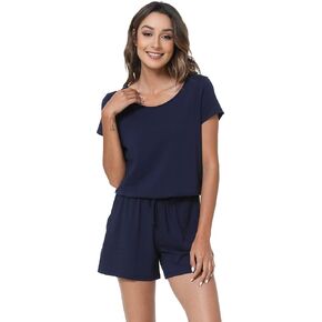 بدلة قفز نسائية صيفية قصيرة الأكمام من LazyCozy مع جيوب وخصر مطاطي in Kuwait