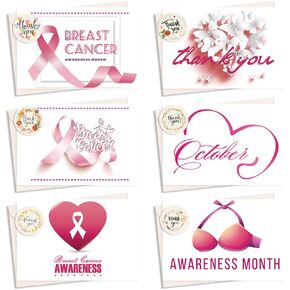 12 Packs Breast Cancer Awareness Note Cards with Envelopes Breast Cancer Awareness Greeting Cards Pink Ribbons Hope Words Thank You Note Cards for Women Girls Breast Cancer Charity Events Favor Gifts