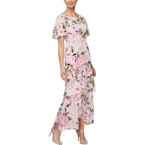 S.L. Fashions Women's Long Printed Cowl Neck Maxi Dress with Flutter Sleeves, Tiered Skirt and Embellishment at Shoulders